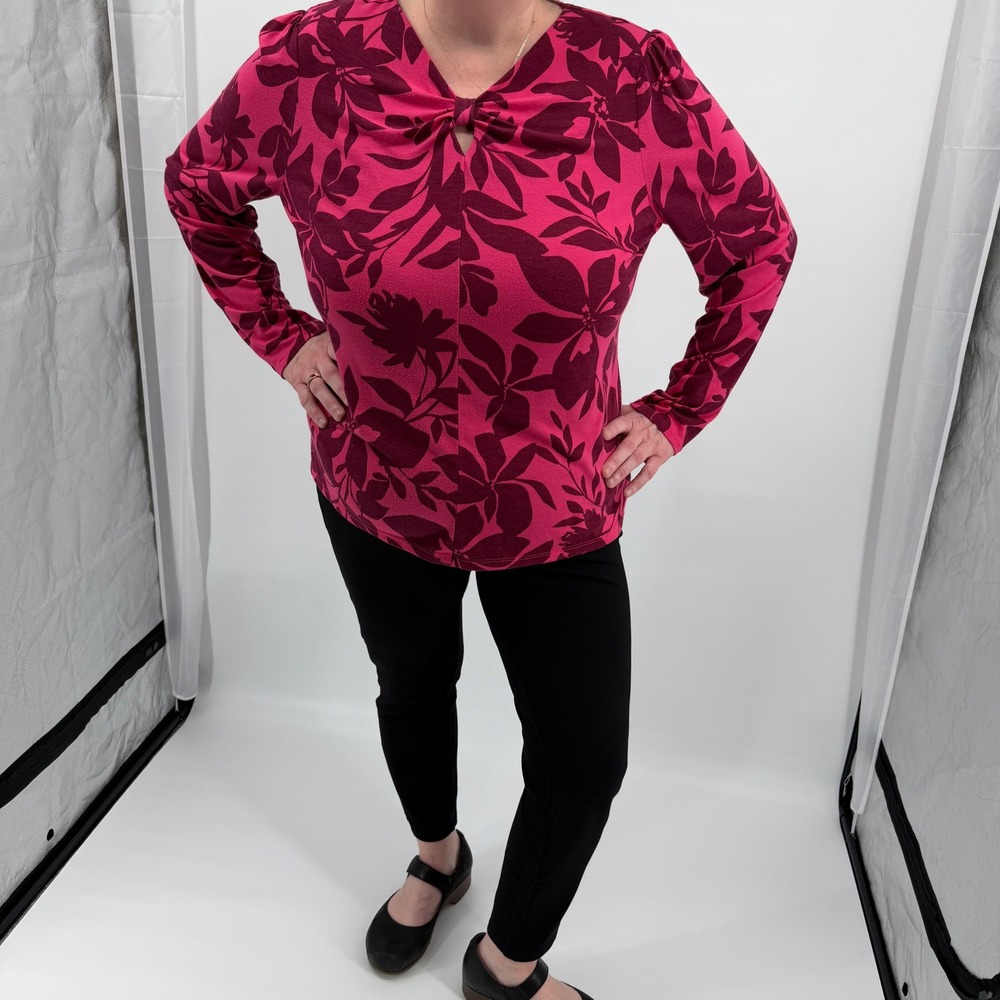 Liz Claiborne Pink Floral‎ Twist Keyhole Neck Long Sleeve Stretch Knit Blouse XL